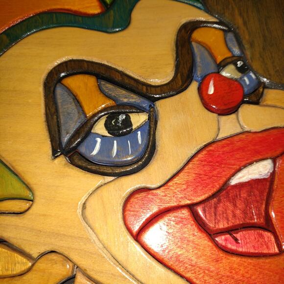 CREEPY CLOWN Colorful Art Picture Inlaid Wood JOKER JESTER Plaque 15x12 Signed - Picture 7 of 16